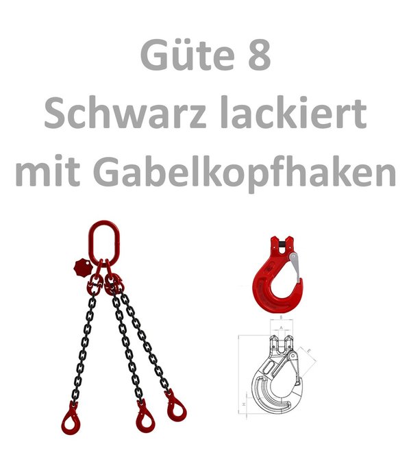 3-Strang Kettengehänge - Güteklasse 8 - schwarz lackiert - Gabelkopfhaken