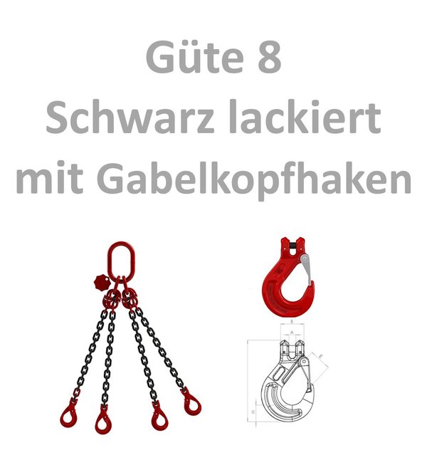 4-Strang Kettengehänge - Güteklasse 8 - schwarz lackiert - Gabelkopfhaken