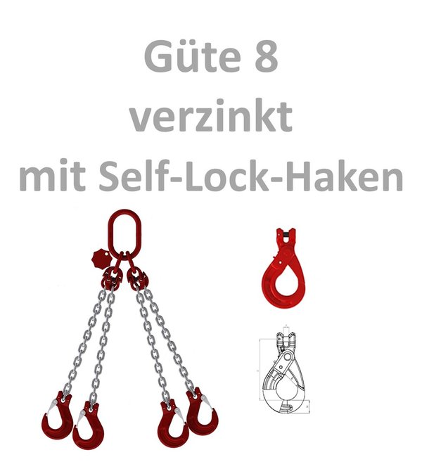 4-Strang Kettengehänge - Güteklasse 8 - verzinkt - Self-Lock-Haken