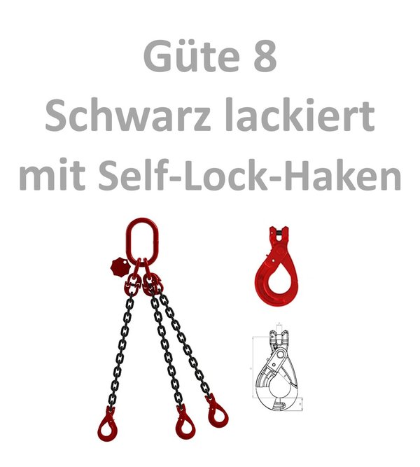 3-Strang Kettengehänge - Güteklasse 8 - schwarz lackiert - Self-Lock-Haken