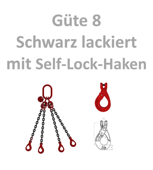 4-Strang Kettengehänge - Güteklasse 8 - schwarz lackiert - Self-Lock-Haken